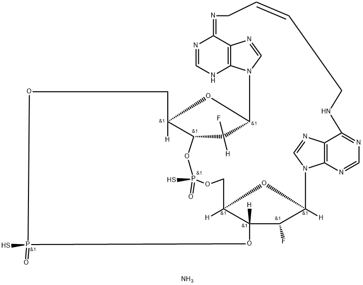 Adenosine, N,N′′-(2E)-2-butene-1,4-diyl-[P(R)]-2′-deoxy-2′-fluoro-5′-O-[(S)-hydroxymercaptophosphinyl]-P-thioadenylyl-(3′→5′)-2′-deoxy-2′-fluoro-, cyclic nucleotide, ammonium salt (1:2) Structural