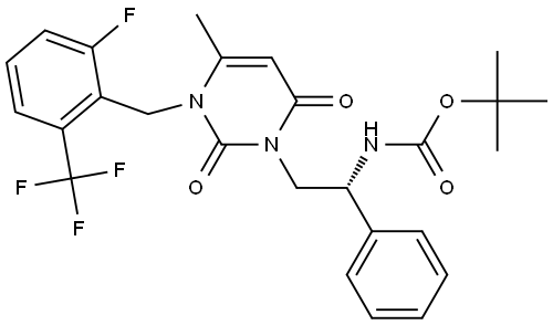 Carbamic acid, N-[(1R)-2-[3-[[2-fluoro-6-(trifluoromethyl)phenyl]methyl]-3,6-dihydro-4-methyl-2,6-dioxo-1(2H)-pyrimidinyl]-1-phenylethyl]-, 1,1-dimethylethyl ester Structural
