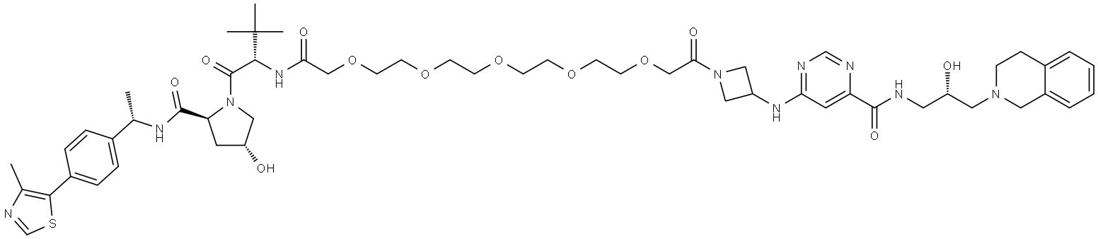 N-(3-(3,4-dihydroisoquinolin-2(1H)-yl)-2-hydroxypropyl)-6-((1-(19-((4R)-4-hydroxy-2-((1-(4-(4-methylthiazol-5-yl)phenyl)ethyl)carbamoyl)pyrrolidine-1-carbonyl)-20,20-dimethyl-17-oxo-3,6,9,12,15-pentaoxa-18-azahenicosanoyl)azetidin-3-yl)amino)pyrimidine-4-carboxamide Structural