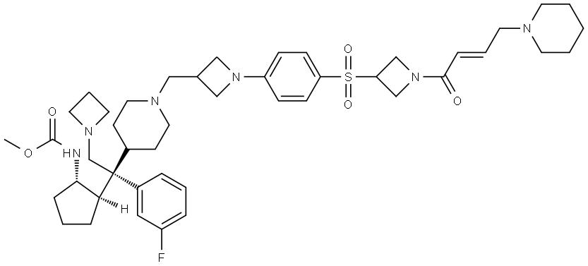 Carbamic acid, N-[(1S,2R)-2-[(1S)-2-(1-azetidinyl)-1-(3-fluorophenyl)-1-[1-[[1-[4-[[1-[(2E)-1-oxo-4-(1-piperidinyl)-2-buten-1-yl]-3-azetidinyl]sulfonyl]phenyl]-3-azetidinyl]methyl]-4-piperidinyl]ethyl]cyclopentyl]-, methyl ester Structural