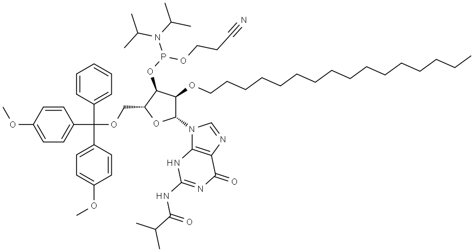 Guanosine, 5′-O-[bis(4-methoxyphenyl)phenylmethyl]-2′-O-hexadecyl-N-(2-methyl-1-oxopropyl)-, 3′-[2-cyanoethyl N,N-bis(1-methylethyl)phosphoramidite] Structural