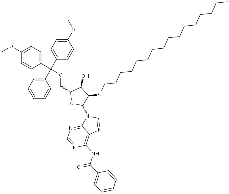 Adenosine, N-benzoyl-5′-O-[bis(4-methoxyphenyl)phenylmethyl]-2′-O-hexadecyl- Structural