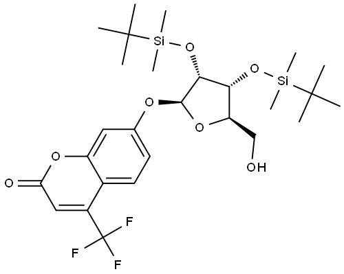 7-(((2S,3R,4R,5R)-3,4-bis((tert-butyldimethylsilyl)oxy)-5-(hydroxymethyl)tetrahydrofuran-2-yl)oxy)-4-(trifluoromethyl)-2H-chromen-2-one Structural