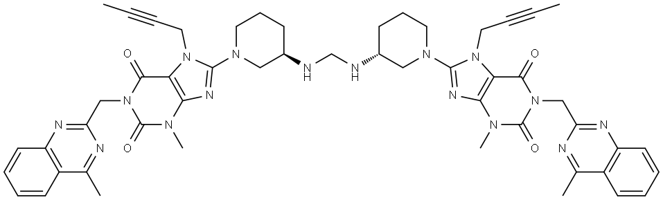 8,8'-((3R,3'R)-(methylenebis(azanediyl))bis(piperidine-3,1-diyl))bis(7-(but-2-yn-1-yl)-3-methyl-1-((4-methylquinazolin-2-yl)methyl)-3,7-dihydro-1H-purine-2,6-dione) Structural