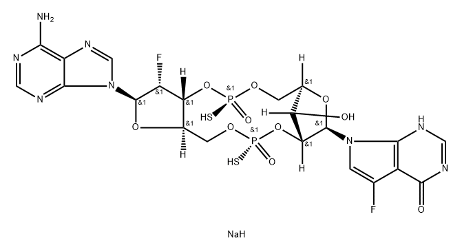 7-Deazainosine, [P(R)]-2′-deoxy-2′-fluoro-5′-O-[(R)-hydroxymercaptophosphinyl]-P-thioadenylyl-(3′→5′)-7-fluoro-, cyclic (2′→5′)-nucleotide, sodium salt (1:2) Structural