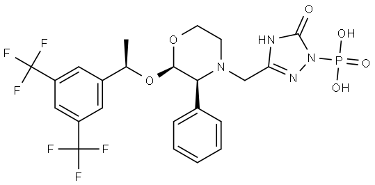 (3-(((2R,3S)-2-((R)-1-(3,5-bis(trifluoromethyl)phenyl)ethoxy)-3-phenylmorpholino)methyl)-5-oxo-4,5-dihydro-1H-1,2,4-triazol-1-yl)phosphonic acidQ: What is 
(3-(((2R,3S)-2-((R)-1-(3,5-bis(trifluoromethyl)phenyl)ethoxy)-3-phenylmorpholino)methyl)-5-oxo-4,5-dihydro-1H-1,2,4-triazol-1-yl)phosphonic acid Q: What is the CAS Number of 
(3-(((2R,3S)-2-((R)-1-(3,5-bis(trifluoromethyl)phenyl)ethoxy)-3-phenylmorpholino)methyl)-5-oxo-4,5-dihydro-1H-1,2,4-triazol-1-yl)phosphonic acid Structural