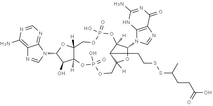 4-({2-[(1R,6R,8R,9R,10S,15S,17R)-17-(2-amino-6-oxo-6,9-dihydro-3H-purin-9-yl)-8-(6-amino-9H-purin-9-yl)-3,9,12-trihydroxy-3,12-dioxo-2,4,7,11,13,16-hexaoxa-3λ?,12λ?-diphosphatricyclo[13.2.1.0?,1?]octadecan-18-yl]ethyl}disulfanyl)pentanoic acid Structural