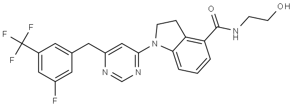 1H-Indole-4-carboxamide, 1-[6-[[3-fluoro-5-(trifluoromethyl)phenyl]methyl]-4-pyrimidinyl]-2,3-dihydro-N-(2-hydroxyethyl)- Structural