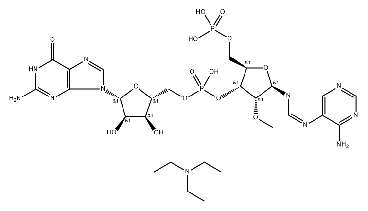 Tris(triethylamine) ((2R,3R,4R,5R)-3-(((((2R,3S,4R,5R)-5-(2-amino-6-oxo-3,6-dihydro-9H-purin-9-yl)-3,4-dihydroxytetrahydrofuran-2-yl)methoxy)oxidophosphoryl)oxy)-5-(6-amino-9H-purin-9-yl)-4-methoxytetrahydrofuran-2-yl)methyl phosphate Structural