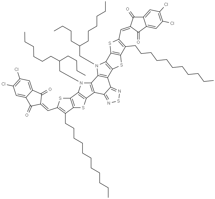 1H-Indene-1,3(2H)-dione, 2,2′-[[12,13-bis(2-butyloctyl)-12,13-dihydro-3,9-diundecylbisthieno[2′′,3′′:4′,5′]thieno[2′,3′:4,5]pyrrolo[3,2-e:2′,3′-g][2,1,3]benzothiadiazole-2,10-diyl]dimethylidyne]bis[5,6-dichloro- Structural