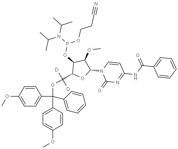 Cytidine-5′,5′-C-d2, N-benzoyl-5′-O-[bis(4-methoxyphenyl)phenylmethyl]-2′-O-methyl-, 3′-[2-cyanoethyl N,N-bis(1-methylethyl)phosphoramidite] Structural