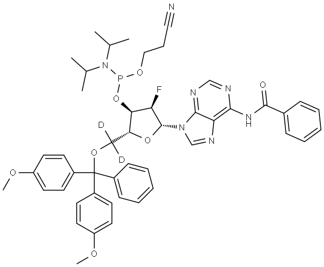Adenosine-5′,5′-C-d2, N-benzoyl-5′-O-[bis(4-methoxyphenyl)phenylmethyl]-2′-deoxy-2′-fluoro-, 3′-[2-cyanoethyl N,N-bis(1-methylethyl)phosphoramidite] Structural