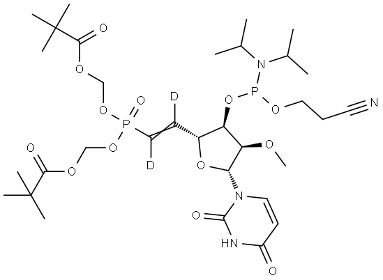 2,4(1H,3H)-Pyrimidinedione, 1-[6-[bis[(2,2-dimethyl-1-oxopropoxy)methoxy]phosphinyl]-3-O-[[bis(1-methylethyl)amino](2-cyanoethoxy)phosphino]-5,6-dideoxy-2-O-methyl-β-D-ribo-hex-5-enofuranosyl-5,6-d2]- Structural