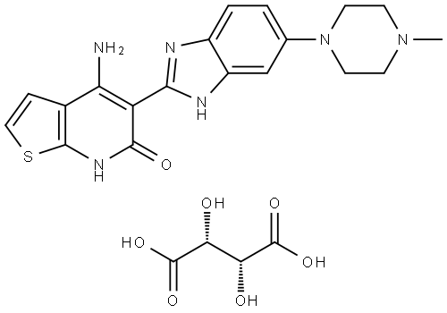Thieno[2,3-b]pyridin-6(7H)-one, 4-amino-5-[6-(4-methyl-1-piperazinyl)-1H-benzimidazol-2-yl]-, (2R,3R)-2,3-dihydroxybutanedioate (1:1) Structural