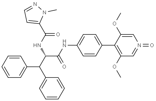 1H-Pyrazole-5-carboxamide, N-[(1S)-1-[[[4-(3,5-dimethoxy-1-oxido-4-pyridinyl)phenyl]amino]carbonyl]-2,2-diphenylethyl]-1-methyl- Structural