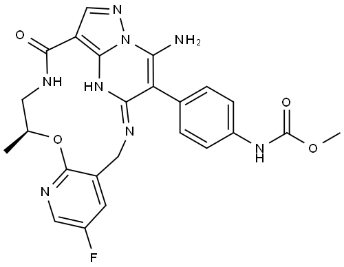 Carbamic acid, N-[4-[(7S)-18-amino-11-fluoro-4,5,6,7,13,16-hexahydro-7-methyl-4-oxo-1,15-etheno-1H-pyrazolo[4,3-f]pyrido[3,2-l][1,4,8,10]oxatriazacyclotridecin-17-yl]phenyl]-, methyl ester Structural