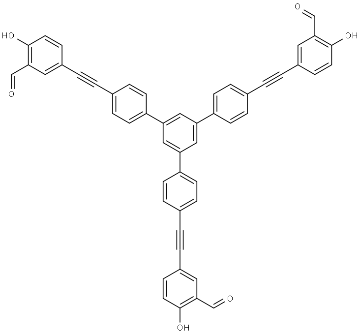Benzaldehyde, 3,3′-[[5′-[4-[2-(3-formyl-4-hydroxyphenyl)ethynyl]phenyl][1,1′:3′,1′′-terphenyl]-4,4′′-diyl]di-2,1-ethynediyl]bis[6-hydroxy- Structural
