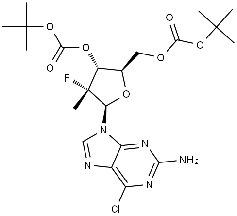 [(2R,3R,4R,5R)-5-(2-amino-6-chloro-purin-9-yl)-3-tert-butoxycarbonyloxy-4-fluoro-4-methyl-tetrahydrofuran-2-yl]methyl tert-butyl carbonate Structural