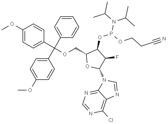 (2R,3R,4R,5R)-2-((Bis(4-methoxyphenyl)(phenyl)methoxy)methyl)-5-(6-chloro-9H-purin-9-yl)-4-fluorotetrahydrofuran-3-yl (2-cyanoethyl) diisopropylphosphoramidite Structural