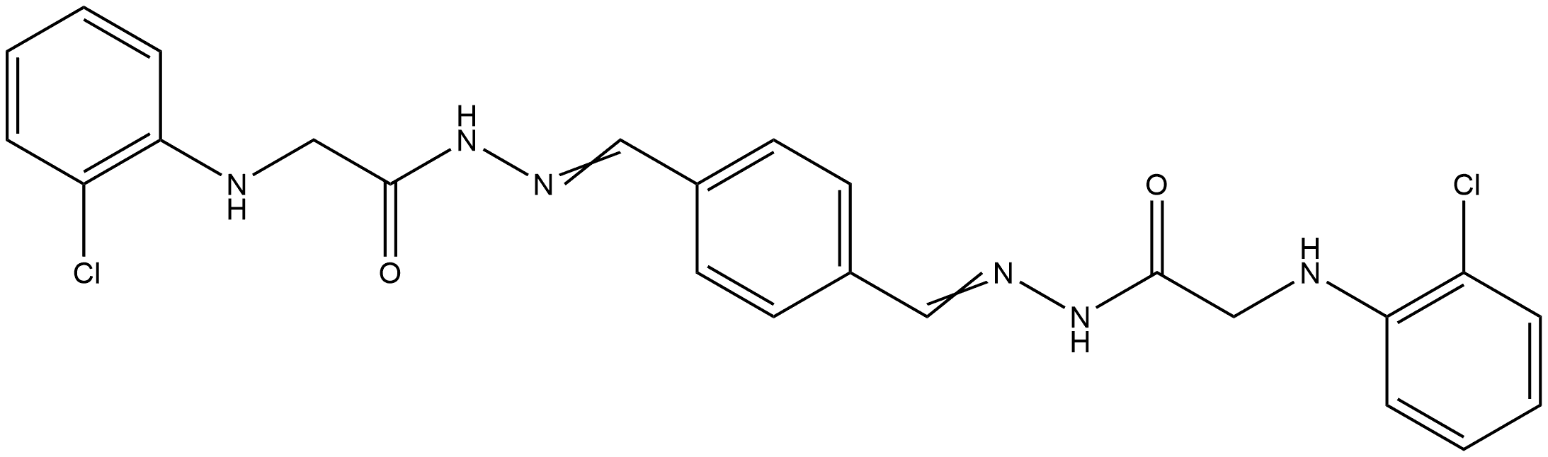 N',N''-[1,4-phenylenedi(methylylidene)]bis{2-[(2-chlorophenyl)amino]acetohydrazide} (non-preferred name) Structural