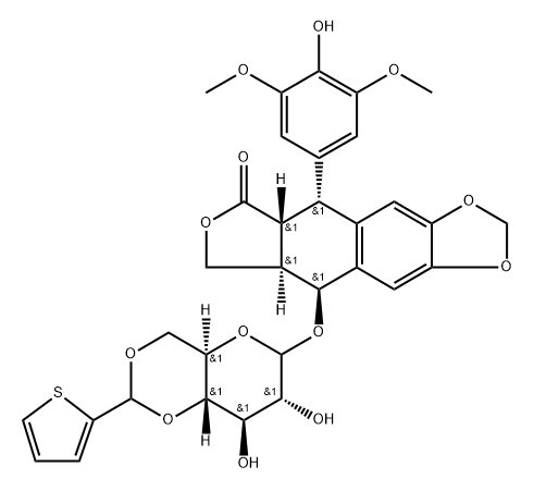Furo[3',4':6,7]naphtho[2,3-d]-1,3-dioxol-6(5aH)-one, 5,8,8a,9-tetrahydro-5-(4-hydroxy-3,5-dimethoxyphenyl)-9-[[4,6-O-(2-thienylmethylene)-D-glucopyranosyl]oxy]-, [5R-(5α,5aβ,8aα,9β)]- (9CI) Structural