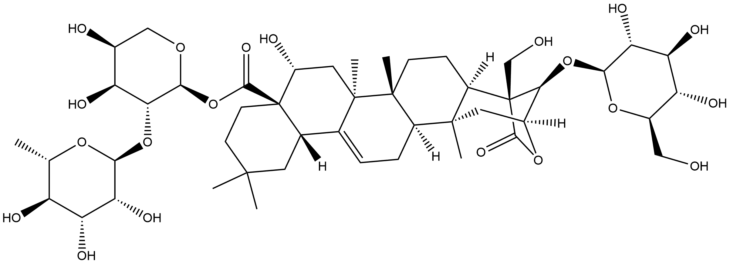 Olean-12-ene-23,28-dioic acid, 3-(β-D-glucopyranosyloxy)-2,16,24-trihydroxy-, γ-lactone, 2-O-(6-deoxy-α-L-mannopyranosyl)-α-L-arabinopyranosyl ester, (2β,3β,4β,16α)- Structural