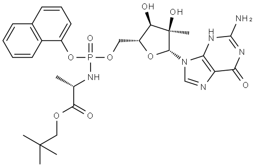 L-Alanine, N-(2'-C-methyl-P-1-naphthalenyl-5'-guanylyl)-, 2,2-dimethylpropyl ester Structural