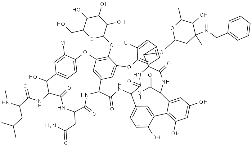 Vancomycin, 2'-O-de(3-amino-2,3,6-trideoxy-3-C-methyl-α-L-lyxo-hexopyranosyl)-22-O-[2,3,6-trideoxy-3-C-methyl-3-[(phenylmethyl)amino]-α-L-arabino-hexopyranosyl]- (9CI) Structural