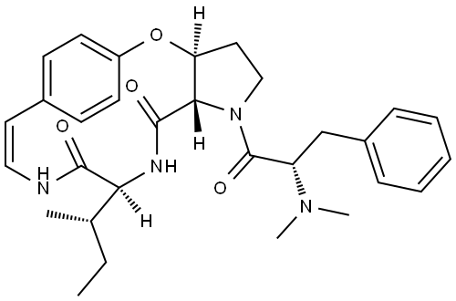 L-Isoleucinamide, N,N-dimethyl-L-phenylalanyl-(3S)-3-hydroxy-L-prolyl-N-[(1Z)-2-(4-hydroxyphenyl)ethenyl]-, cyclic (2→3)-ether (9CI) Structural