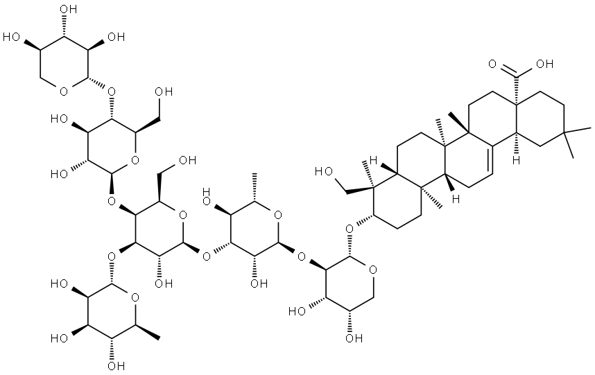 Olean-12-en-28-oic acid, 3-[(O-6-deoxy-α-L-mannopyranosyl-(1→3)-O-[O-β-D-xylopyranosyl-(1→4)-β-D-glucopyranosyl-(1→4)]-O-β-D-galactopyranosyl-(1→3)-O-6-deoxy-α-L-mannopyranosyl-(1→2)-α-L-arabinopyranosyl)oxy]-23-hydroxy-, (3β,4α)- Structural