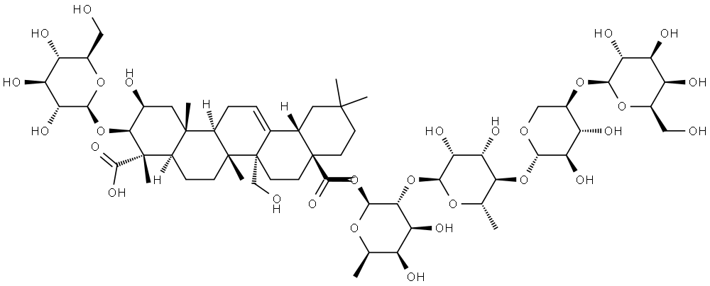 Olean-12-ene-23,28-dioic acid, 3-(β-D-glucopyranosyloxy)-2,27-dihydroxy-, 28-(O-β-D-galactopyranosyl-(1→4)-O-β-D-xylopyranosyl-(1→4)-O-6-deoxy-α-L-mannopyranosyl-(1→2)-6-deoxy-β-D-galactopyranosyl) ester, (2β,3β,4α)- Structural