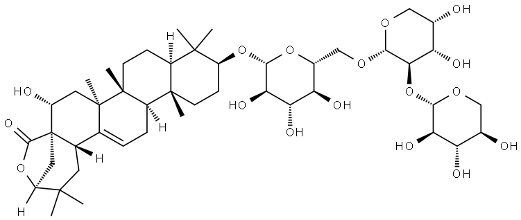 Olean-12-en-28-oic acid, 16,21-dihydroxy-3-[(O-β-D-xylopyranosyl-(1→2)-O-α-L-arabinopyranosyl-(1→6)-β-D-glucopyranosyl)oxy]-, γ-lactone, (3β,16α,21β)- Structural