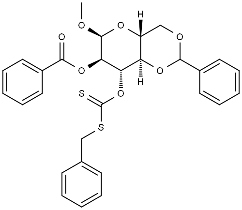 Glucopyranoside, methyl 4,6-O-benzylidene-, 2-benzoate 3-(S-benzyl dithiocarbonate), α-D- (8CI) Structural
