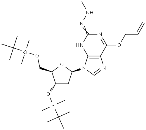 Xanthosine, 2'-deoxy-3',5'-bis-O-[(1,1-dimethylethyl)dimethylsilyl]-6-O-2-propenyl-, 2-methylhydrazone (9CI) Structural