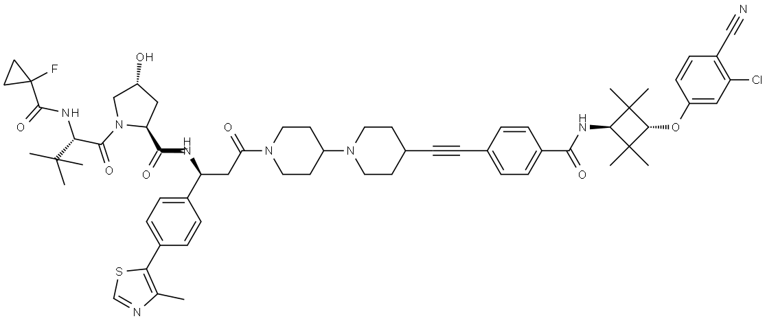 Benzamide, N-[trans-3-(3-chloro-4-cyanophenoxy)-2,2,4,4-tetramethylcyclobutyl]-4-[2-[1′-[N-[(1-fluorocyclopropyl)carbonyl]-3-methyl-L-valyl-(4R)-4-hydroxy-L-prolyl-(3S)-3-[4-(4-methyl-5-thiazolyl)phenyl]-β-alanyl][1,4′-bipiperidin]-4-yl]ethynyl]- Structural