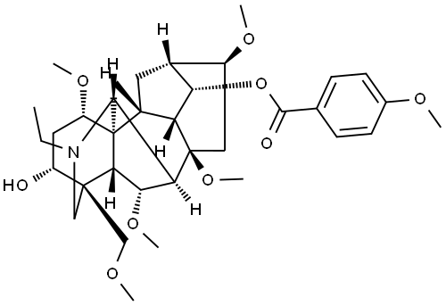 Aconitane-3,14-diol, 20-ethyl-1,6,8,16-tetramethoxy-4-(methoxymethyl)-, 14-(4-methoxybenzoate), (1α,3α,6α,14α,16β)- Structural