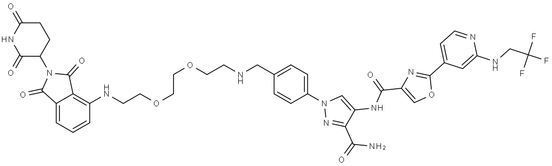 4-Oxazolecarboxamide, N-[3-(aminocarbonyl)-1-[4-[[[2-[2-[2-[[2-(2,6-dioxo-3-piperidinyl)-2,3-dihydro-1,3-dioxo-1H-isoindol-4-yl]amino]ethoxy]ethoxy]ethyl]amino]methyl]phenyl]-1H-pyrazol-4-yl]-2-[2-[(2,2,2-trifluoroethyl)amino]-4-pyridinyl]- Structural
