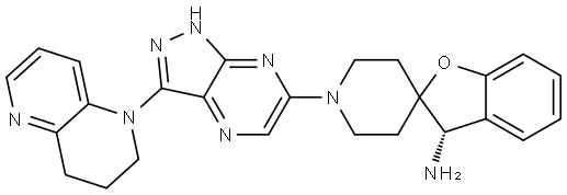 Spiro[benzofuran-2(3H),4′-piperidin]-3-amine, 1′-[3-(3,4-dihydro-1,5-naphthyridin-1(2H)-yl)-1H-pyrazolo[3,4-b]pyrazin-6-yl]-, (3S)- Structural