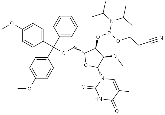 Uridine, 5′-O-[bis(4-methoxyphenyl)phenylmethyl]-2′-O-methyl-5-iodo-, 3′-[2-cyanoethyl N,N-bis(1-methylethyl)phosphoramidite] Structural