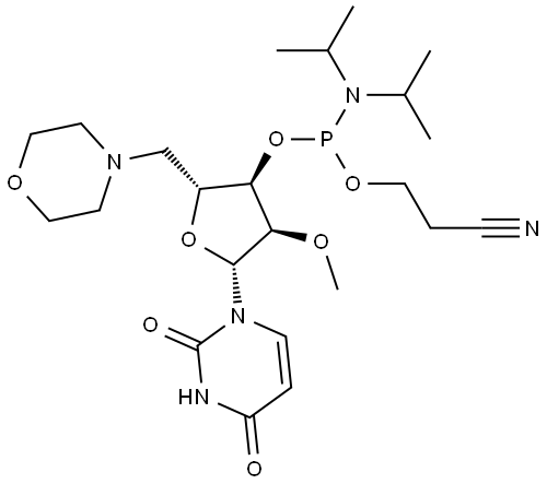 Uridine, 5′-deoxy-2′-O-methyl-5′-(4-morpholinyl)-, 3′-[2-cyanoethyl N,N-bis(1-methylethyl)phosphoramidite] Structural