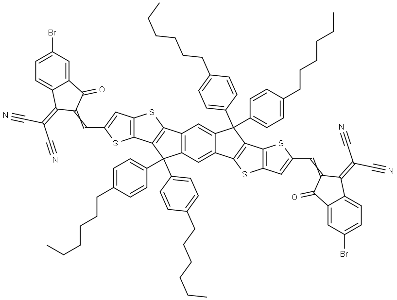 Propanedinitrile, 2,2′-[[6,6,12,12-tetrakis(4-hexylphenyl)-6,12-dihydrodithieno[2,3-d:2′,3′-d′]-s-indaceno[1,2-b:5,6-b′]dithiophene-2,8-diyl]bis[methylidyne(5-bromo-3-oxo-1H-indene-2,1(3H)-diylidene)]]bis- Structural