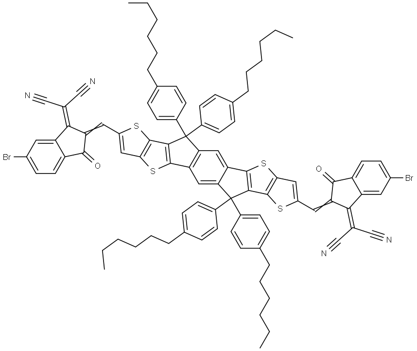 Propanedinitrile, 2,2′-[[6,6,12,12-tetrakis(4-hexylphenyl)-6,12-dihydrodithieno[2,3-d:2′,3′-d′]-s-indaceno[1,2-b:5,6-b′]dithiophene-2,8-diyl]bis[methylidyne(6-bromo-3-oxo-1H-indene-2,1(3H)-diylidene)]]bis- Structural