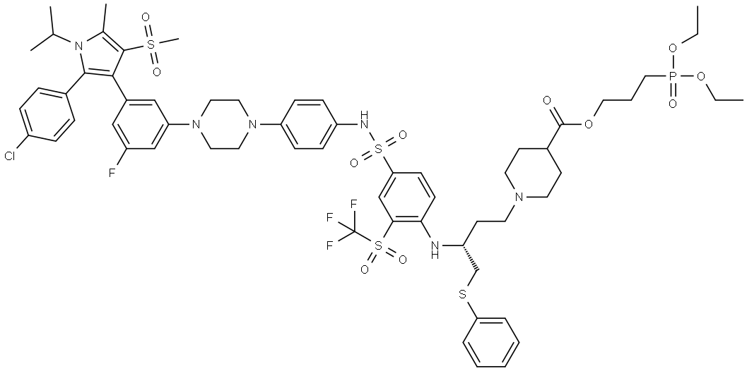 3-(diethoxyphosphoryl)propyl (R)-1-(3-((4-(N-(4-(4-(3-(2-(4-chlorophenyl)-1-isopropyl-5-methyl-4-(methylsulfonyl)-1H-pyrrol-3-yl)-5-fluorophenyl)piperazin-1-yl)phenyl)sulfamoyl)-2-((trifluoromethyl)sulfonyl)phenyl)amino)-4-(phenylthio)butyl)piperidine-4-carboxylate Structural