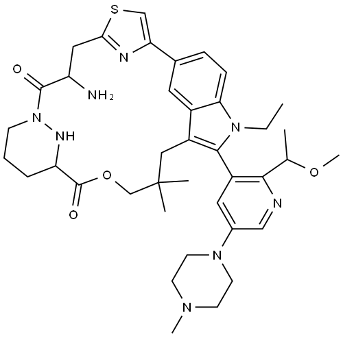 17H-5,3-([4,2]-endo-Thiazolopropano[1,3]-endo-pyridazinomethanoxypropano)-1H-indole-15,22-dione, 14-amino-1-ethyl-18,19,20,21-tetrahydro-2-[2-[(1S)-1-methoxyethyl]-5-(4-methyl-1-piperazinyl)-3-pyridinyl]-25,25-dimethyl-, (2R,14S,18S)- Structural