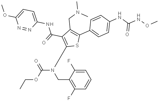 Carbamic acid, N-[(2,6-difluorophenyl)methyl]-N-[4-[(dimethylamino)methyl]-5-[4-[[(methoxyamino)carbonyl]amino]phenyl]-3-[[(6-methoxy-3-pyridazinyl)amino]carbonyl]-2-thienyl]-, ethyl ester Structural