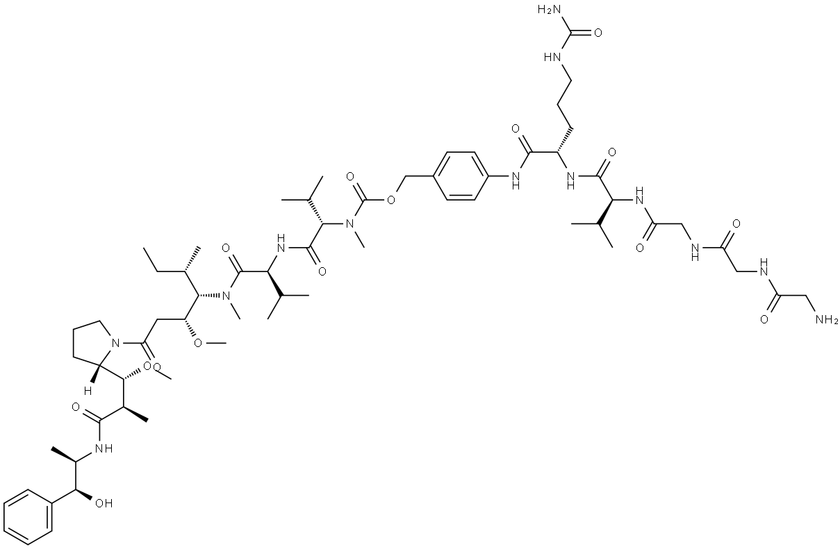 4-[[(2S)-2-[[(2S)-2-[[2-[[2-[(2-aminoacetyl)amino]acetyl]amino]acetyl]amino]-3-methyl-butanoyl]amino]-5-ureido-pentanoyl]amino]phenyl]methyl N-[(1S)-1-[[(1S)-1-[[(1S,2R)-4-[(2S)-2-[(1R,2R)-3-[[(1R,2S)-2-hydroxy-1-methyl-2-phenyl-ethyl]amino]-1-methoxy-2-methyl-3-oxo-propyl]pyrrolidin-1-yl]-2-methoxy-1-[(1S)-1-methylpropyl]-4-oxo-butyl]-methyl-carbamoyl]-2-methyl-propyl]carbamoyl]-2-methyl-propyl]-N-methyl-carbamate Structural