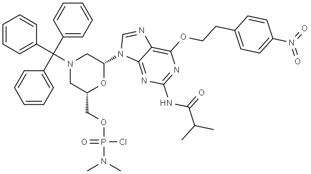 ((2S,6R)-6-(2-isobutyramido-6-(4-nitrophenethoxy)-9H-purin-9-y1)-4-trityimorphol in-2-yl) methyl dimethylphosphoramidochloridate Structural