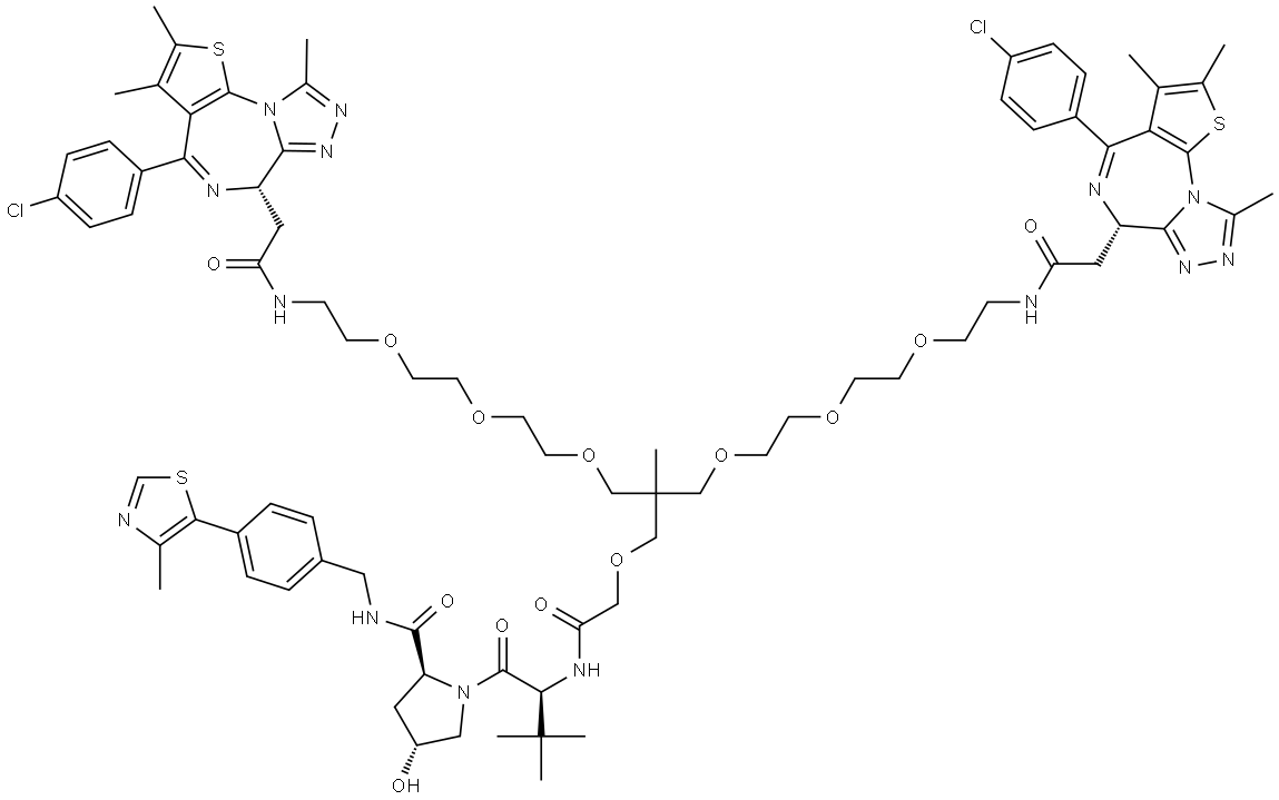 (2S,4R)-1-[(2S)-2-[[2-[3-[2-[2-[2-[[2-[(9S)-7-(4-chlorophenyl)-4,5,13-trimethyl-3-thia-1,8,11,12-tetrazatricyclo[8.3.0.02,6]trideca-2(6),4,7,10,12-pentaen-9-yl]acetyl]amino]ethoxy]ethoxy]ethoxy]-2-[2-[2-[2-[[2-[(9S)-7-(4-chlorophenyl)-4,5,13-trimethyl-3-thia-1,8,11,12-tetrazatricyclo[8.3.0.02,6]trideca-2(6),4,7,10,12-pentaen-9-yl]acetyl]amino]ethoxy]ethoxy]ethoxymethyl]-2-methylpropoxy]acetyl]amino]-3,3-dimethylbutanoyl]-4-hydroxy-N-[[4-(4-methyl-1,3-thiazol-5-yl)phenyl]methyl]pyrrolidine-2-carboxamide Structural