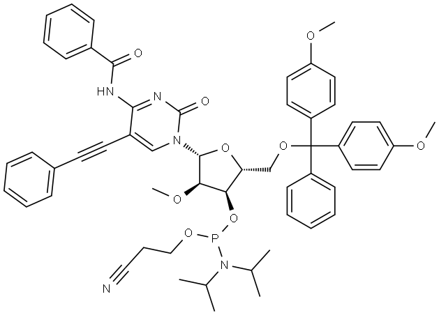 Cytidine, N-benzoyl-5′-O-[bis(4-methoxyphenyl)phenylmethyl]-2′-O-methyl-5-(2-phenylethynyl)-, 3′-[2-cyanoethyl N,N-bis(1-methylethyl)phosphoramidite] Structural