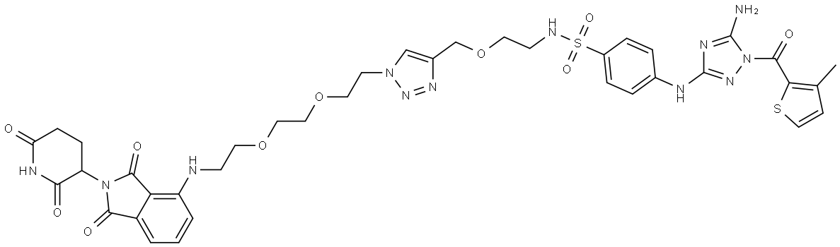 Benzenesulfonamide, 4-[[5-amino-1-[(3-methyl-2-thienyl)carbonyl]-1H-1,2,4-triazol-3-yl]amino]-N-[2-[[1-[2-[2-[2-[[2-(2,6-dioxo-3-piperidinyl)-2,3-dihydro-1,3-dioxo-1H-isoindol-4-yl]amino]ethoxy]ethoxy]ethyl]-1H-1,2,3-triazol-4-yl]methoxy]ethyl]- Structural